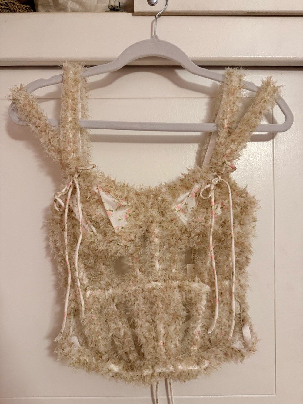 For Love & Lemons Cream Fuzzy Cropped Tank with Floral Trim NWT